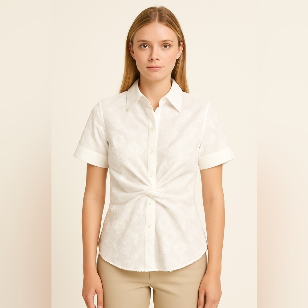 Tanya Taylor white collared floral short sleeve button down twist front top